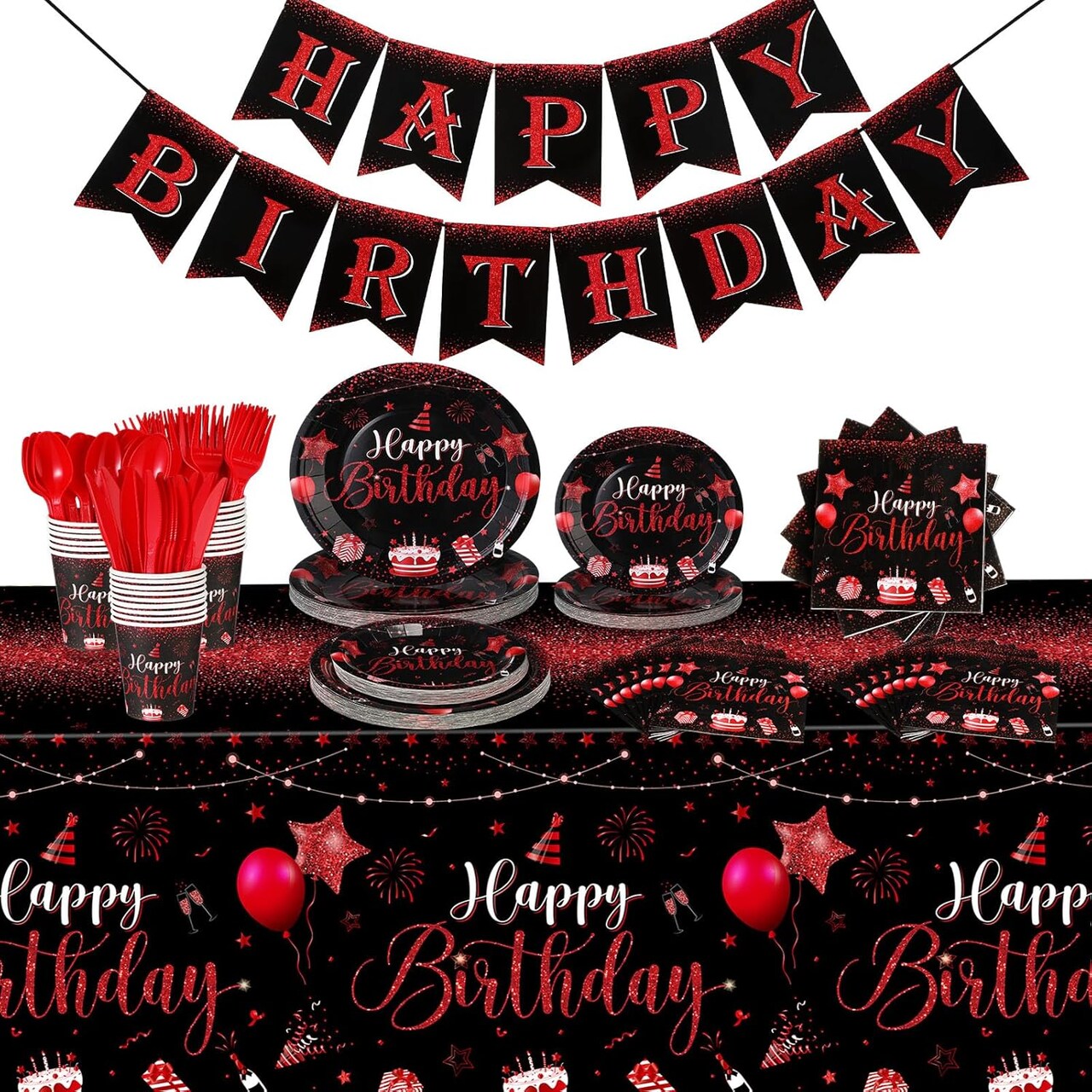 171 Pcs Happy Birthday Party Supplies 24 Set Disposable Party Tableware include Plates Cups Napkins Cutlery and Banner Tablecloth Birthday Dinner Decorations for Men Woman(Black, Red)